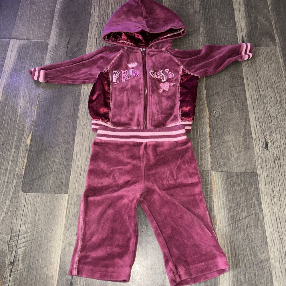 Y2K Girls Miniwear Velour Hoodie Pink 6/9 Months Princess 2 Pc Sweatsuit